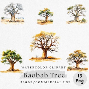 May include: A watercolour illustration of six baobab trees, showcasing their distinctive shapes and textures. The image includes text that reads "WATERCOLOR CLIPART", "Baobab Tree", and "300DP/COMMERCIAL USE". The trees are set against a plain background.