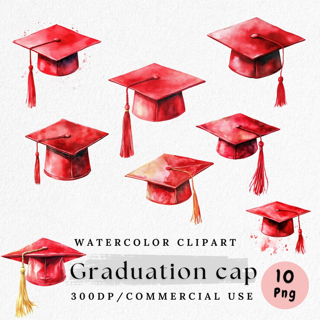 Watercolor Red Graduation Cap Clipart: 10 PNG Files (digital Download ...