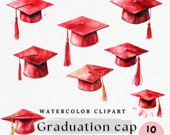 Watercolor Red Graduation Cap Clipart: 10 PNG Files (Digital Download