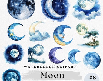 Watercolor Moon Clipart: Lunar PNG Graphics (Digital Download)