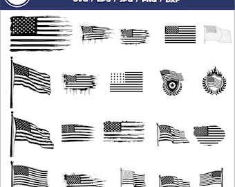May include: An American SVG bundle featuring 20 designs of the American flag in various styles. Includes distressed, waving, and flag pole designs. The designs are in SVG, EPS, JPG, PNG, and DXF formats.