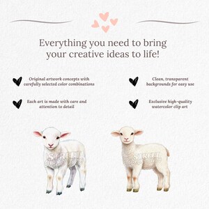 May include: Watercolor clip art featuring two white lambs with pink ears and hooves. The image includes text: "Everything you need to bring your creative ideas to life!" and "Original artwork concepts with carefully selected color combinations."