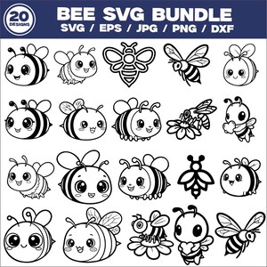 May include: A collection of 20 bee designs in SVG, EPS, JPG, PNG, and DXF formats. The black and white illustrations feature various bee styles, including cartoon bees, outlined bees, and bees with flowers. The designs are suitable for digital crafts.