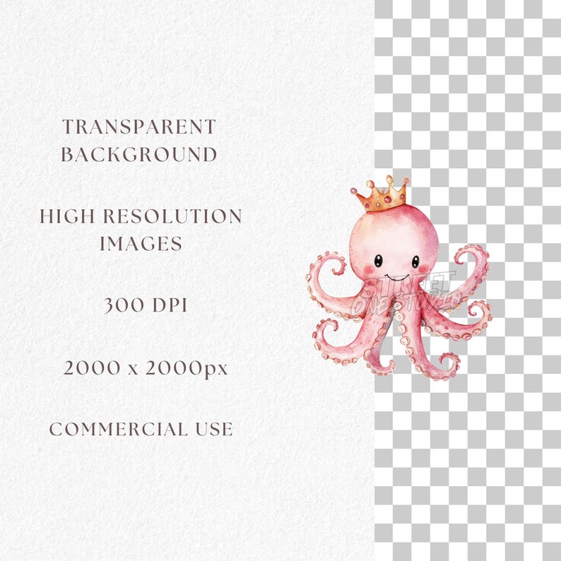 May include: A watercolor illustration of a pink octopus wearing a gold crown. The octopus has a smiling face and curly tentacles. The image is set against a transparent background and includes text that reads "Transparent Background", "High Resolution Images", "300 DPI", "2000 x 2000px", and "Commercial Use".