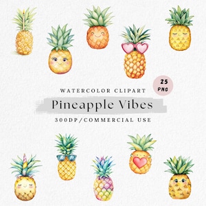 Może przedstawiać: Zestaw 25 ilustracji ananasów w akwareli. Ananasy mają różne wyrażenia i akcesoria, w tym okulary przeciwsłoneczne, róg jednorożca i serce. Tekst "Pineapple Vibes" jest napisany na banerze u dołu obrazu.