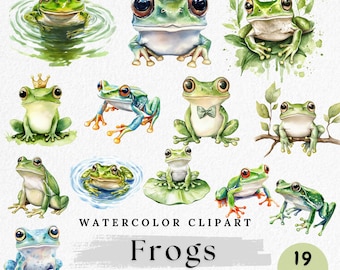 Frog Clipart, Watercolor Frog PNG, Cute Frog art, Green Frog Clip Art, Jungle Animal PNG, Frog Art for Kids, Card Making, Paper Crafting
