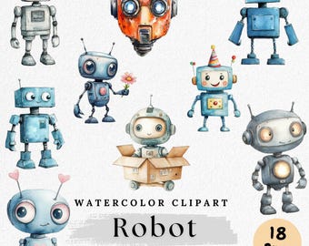 Clipart robota, akwarelowy robot PNG, słodka ilustracja robota, futurystyczna maszyna Clip Art, sztuka robota dla dzieci, obrazy do scrapbookingu, rękodzieło papierowe
