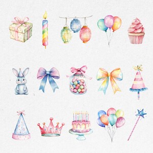 Watercolor Birthday Clipart Bundle, Cute Party Illustrations ...