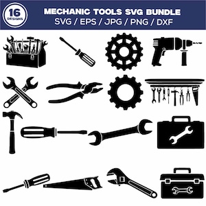 以下が含まれることがあります： レンチ、ドライバー、ハンマー、ドリルなどのメカニックツールを白黒でグラフィック化したもの。「MECHANIC TOOLS SVG BUNDLE」のテキストが上部にあり、左上隅の円の中に「16 DESIGNS」と書かれています。