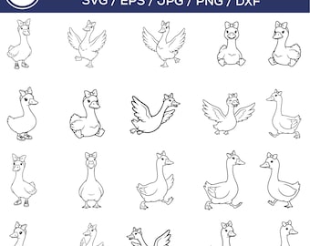 Pacchetto SVG di ragazza oca per Cricut, set di SVG di oca carina, contorno di ragazza oca SVG, clipart di animali da fattoria, disegno di oca kawaii, file PNG DXF EPS