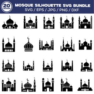 Op de afbeelding: Een verzameling van 20 zwarte moskee-silhouetontwerpen. Elk ontwerp toont een moskee met koepels, minaretten en halve manen. De afbeelding bevat de tekst "MOSQUE SILHOUETTE SVG BUNDLE" en bestandstype-opties.