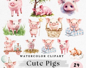 Pig Clipart, Watercolor Pig PNG, Cute Farm Animal Clip Art, Baby Pig Illustration, Pink Pig PNG, Farmyard Animal Clipart, Commercial Use