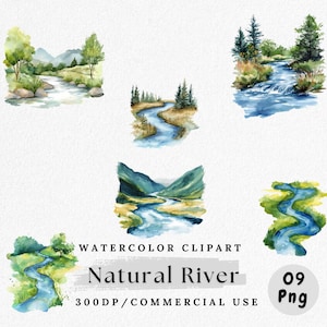 May include: Watercolor clipart featuring six scenic river illustrations. Each image depicts a river flowing through various landscapes, including mountains, forests, and grassy banks. The color palette includes blues, greens, and browns. Text reads "Watercolor Clipart Natural River 300DP/Commercial Use".