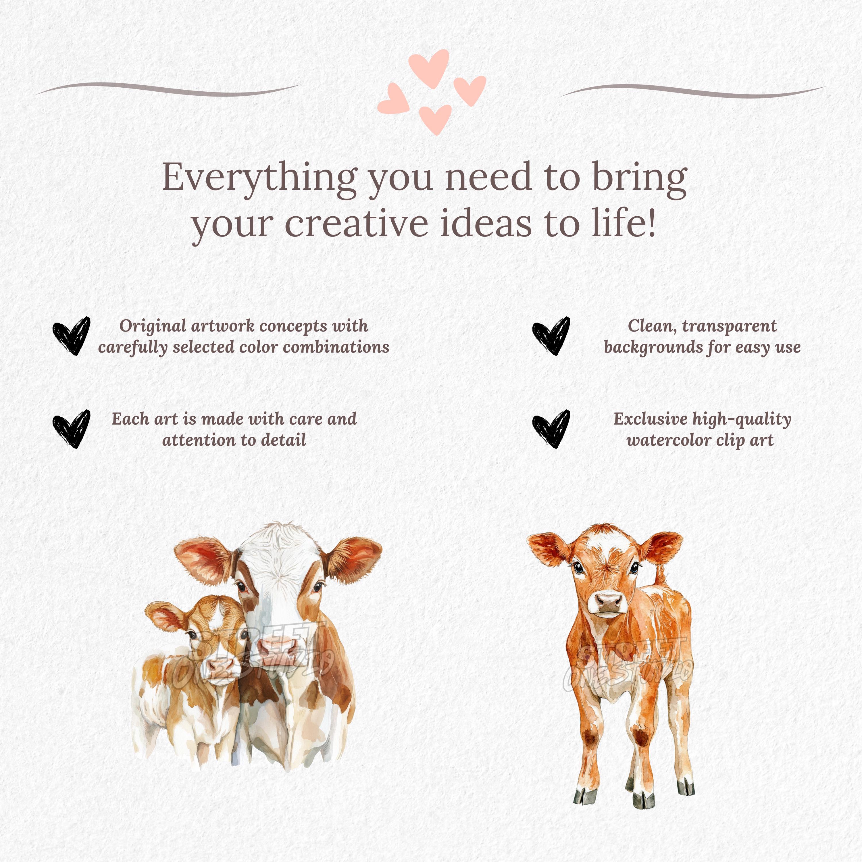 Watercolor Baby Cow Clipart: Farm Animal PNG Bundle (commercial Use ...