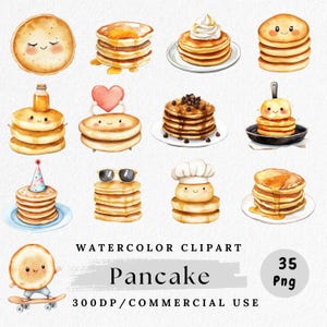 Pfannkuchen Clipart Bundle, niedlicher Pfannkuchen Charakter PNG, Kawaii Frühstück Essen Illustration, Cartoon Pfannkuchen Stapel Art, Aquarell Brunch Clipart