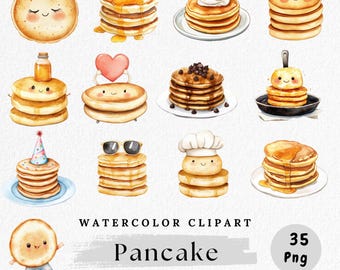Pancake Clipart Bundle, Cute Pancake Character PNG, Kawaii Breakfast Food Illustration, Cartoon Pancake Stack Art, Watercolor Brunch Clipart
