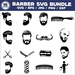 May include: A black and white SVG bundle featuring 16 barber-themed designs. Includes illustrations of various beard styles, mustaches, combs, scissors, a straight razor, a barber pole, and a barber figure.