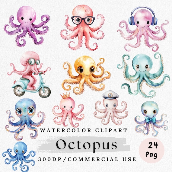 Octopus Clipart Bundle, Cute Octopus PNG, Watercolor Ocean Animal Illustration, Kawaii Sea Creature Clip Art, Digital Octopus Graphics