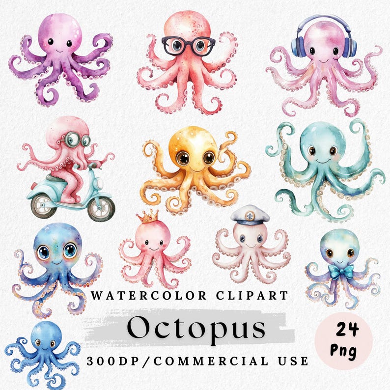 May include: Watercolor clipart featuring various cartoon octopuses in shades of pink, blue, and yellow. Some octopuses wear accessories like glasses, headphones, and crowns. The text "Watercolor Clipart" and "Octopus" are included.