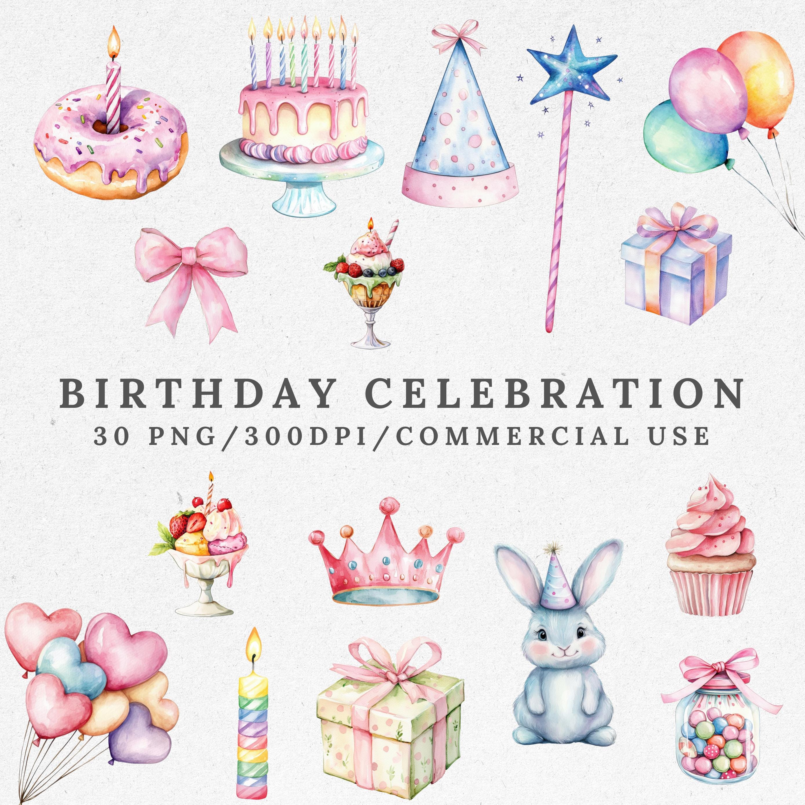 Watercolor Birthday Clipart Bundle, Cute Party Illustrations ...