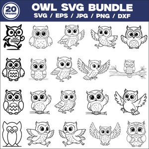 May include: A digital art bundle featuring 20 owl designs in black and white. The owls are depicted in various poses, including flying and perched on branches. Text at the top reads "OWL SVG BUNDLE" and file types.