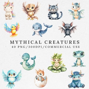 Aquarell Fabelwesen Clipart, Fantasy Tierien PNG, Märchen Drachen & Einhörner, verzauberte magische Tiere, digitaler Download