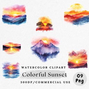 Op de afbeelding: Watercolor clipart met kleurrijke zonsondergangscènes. De afbeeldingen tonen bergen, bomen en waterpartijen, allemaal geschilderd met levendige tinten oranje, roze, blauw en paars. De tekst "Colorful Sunset" is inbegrepen.