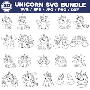 Puede incluir: Ilustración en blanco y negro de un paquete SVG de unicornios con 20 diseños. Los diseños incluyen varias poses de unicornios, arcoíris y estrellas. El texto "UNICORN SVG BUNDLE" está en la parte superior, con opciones de tipo de archivo debajo.