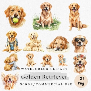 Golden Retriever Clipart, Cute Dog PNG Bundle, Watercolor Golden Retriever, Puppy Clip Art, Dog Lover, Digital Download, Pet Animal Clipart