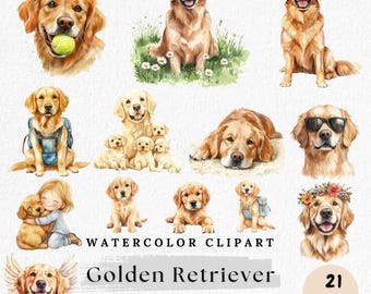 Golden Retriever Clipart, Cute Dog PNG Bundle, Watercolor Golden Retriever, Puppy Clip Art, Dog Lover, Digital Download, Pet Animal Clipart