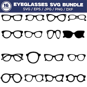 以下が含まれることがあります： SVG、EPS、JPG、PNG、DXF形式の16種類の黒いメガネのデザインのコレクション。画像には、丸型、長方形、キャットアイシェイプなど、さまざまなスタイルのアイウェアが、すべてミニマリストのシルエットスタイルで表示されています。