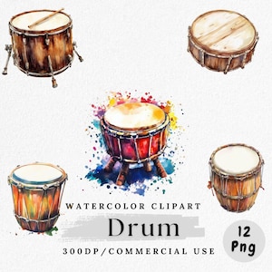 Watercolor Drum Clipart Set: Musical Instrument PNGs (Digital Download