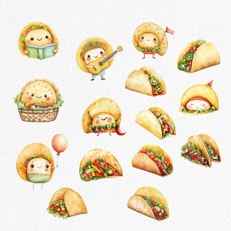 Taco Clipart Bundle, Cute Watercolor Tacos PNG, Mexican Food ...