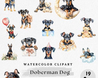 Doberman Clipart, Watercolor Puppy, Cute Doberman Art, Guard Dog Painting, Kawaii Pet Design, Scrapbook Graphics, High-Quality PNG