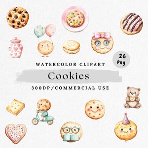 Cookie Character Clipart Bundle, 26 PNG Cute Dessert Illustrations, Kawaii Cookie Faces, Sweet Bakery Art for Kids Party, Digital Download