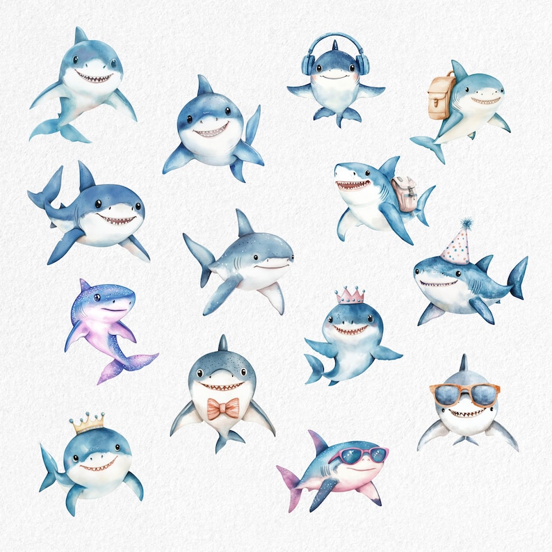 May include: A set of watercolour illustrations featuring cartoon sharks in different poses. Some sharks are wearing headphones, sunglasses, crowns, and bow ties. Others have backpacks or party hats. The sharks are mainly blue with white undersides, set against a white backdrop.