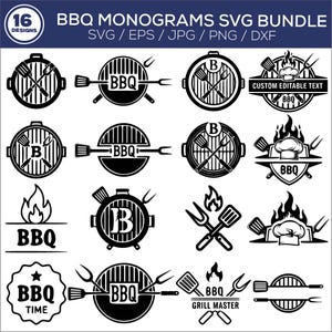 May include: A black and white SVG bundle featuring 16 BBQ monogram designs. The designs include grill illustrations, flames, and text such as "BBQ", "Grill Master", and "BBQ Time". The file formats are SVG, EPS, JPG, PNG, and DXF.