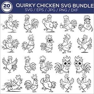 Puede incluir: Una colección de 20 diseños de pollos extravagantes en blanco y negro. La imagen incluye varias ilustraciones de gallos de dibujos animados en diferentes poses, con el texto "QUIRKY CHICKEN SVG BUNDLE" en la parte superior.