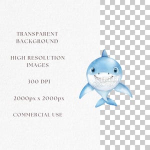 May include: A watercolour illustration of a smiling blue shark with white details. The shark has large, friendly eyes against a transparent background. Text on the left side reads: Transparent Background, High Resolution Images, 300 DPI, 2000px x 2000px, Commercial Use.