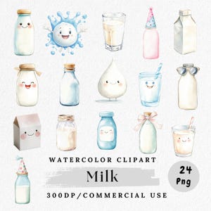 Milk Clipart Bundle, Cute Milk Character PNGs, Kawaii Milk Illustrations, Cartoon Milk Carton, Watercolor Dairy Clipart, Digital Milk Art