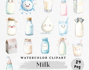 Milk Clipart Bundle, Cute Milk Character PNGs, Kawaii Milk Illustrations, Cartoon Milk Carton, Watercolor Dairy Clipart, Digital Milk Art