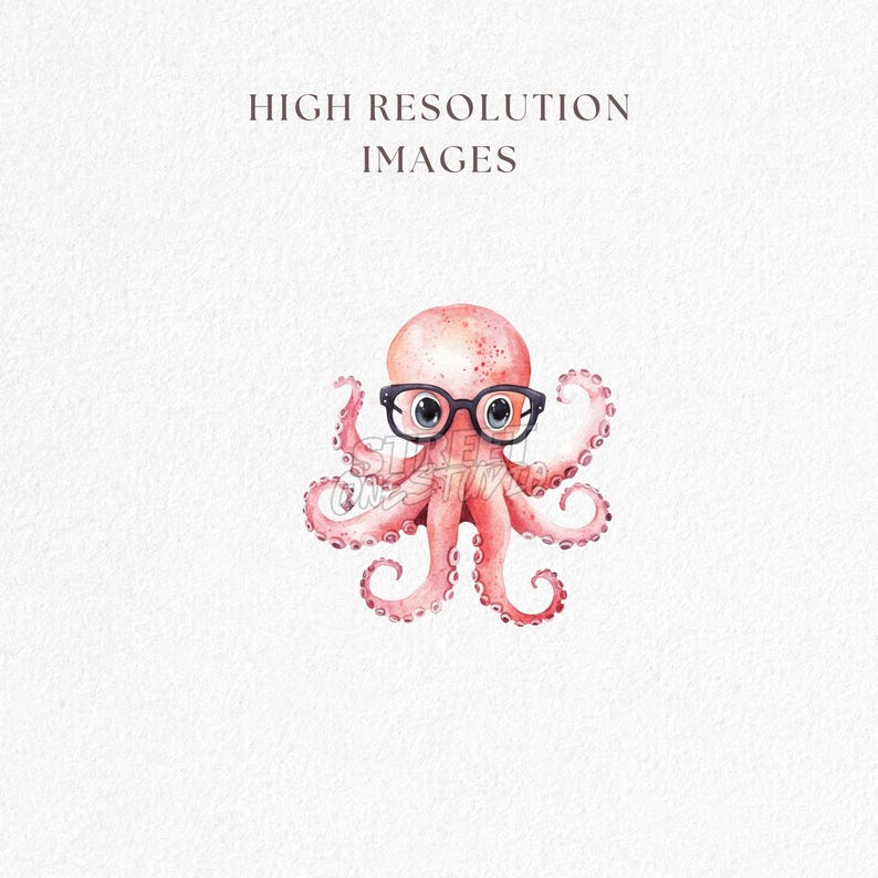 May include: Watercolor illustration of a pink octopus wearing black-framed glasses. The octopus has eight tentacles and is set against a white background. The text "HIGH RESOLUTION IMAGES" is at the top.
