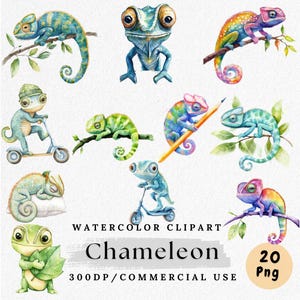 Watercolor Chameleon Clipart: 20 PNG Files, Commercial Use (Digital Download)