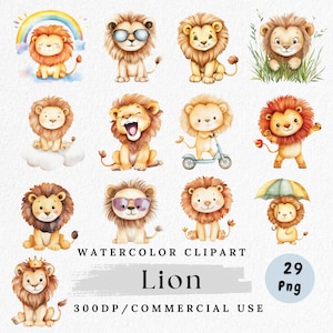 Pacote de clipart de personagem leão, animal fofo da selva PNG, arte de leão em aquarela, amigos do safári para bebês, clipart digital para crianças, arte de parede para berçário