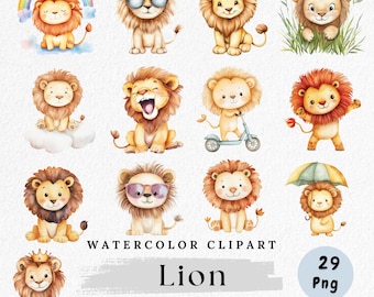 Lion Character Clipart Bundle, Cute Jungle Animal PNG, Watercolor Lion art, Baby Safari Friends, Digital Kids Clip Art, Nursery Wall Art