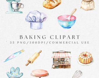 Clipart de Assado em Aquarela PNG: Pão, Cupcake, Batedor (Download Digital)