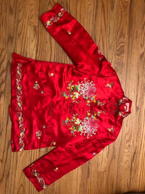 Vintage Red Silk Chinese Embroidered Jacket Size M