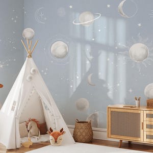 Carta da parati per camerette dei bambini - Carta da parati con cielo azzurro acquerello e stelle, murale stampato, costellazione, carta da parati rimovibile staccabile e attaccabile