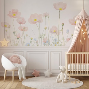 Carta da parati per camerette - Fiori rosa, decorazioni per la cameretta dei bambini, carta da parati floreale, rosa verde, carta da parati rimovibile staccabile e attaccabile
