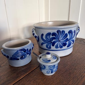 Vintage Salt Glaze Stoneware Pots, set of 3 or individual, Mustard Pot with Lid & Spoon, Small Cache Pot, Large Cache Pot, German, Cobalt